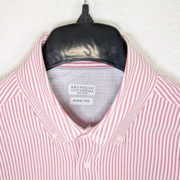 Brunello Cucinelli Button Down Shirt Oxford cotton Large Red White stripe - Picture 4 of 9